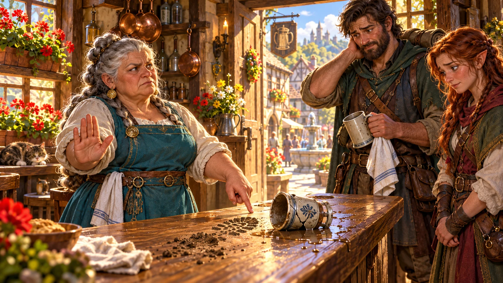 An illustrated fantasy innkeeper raises a hand and points to a spilled drink while two adventurers listen.