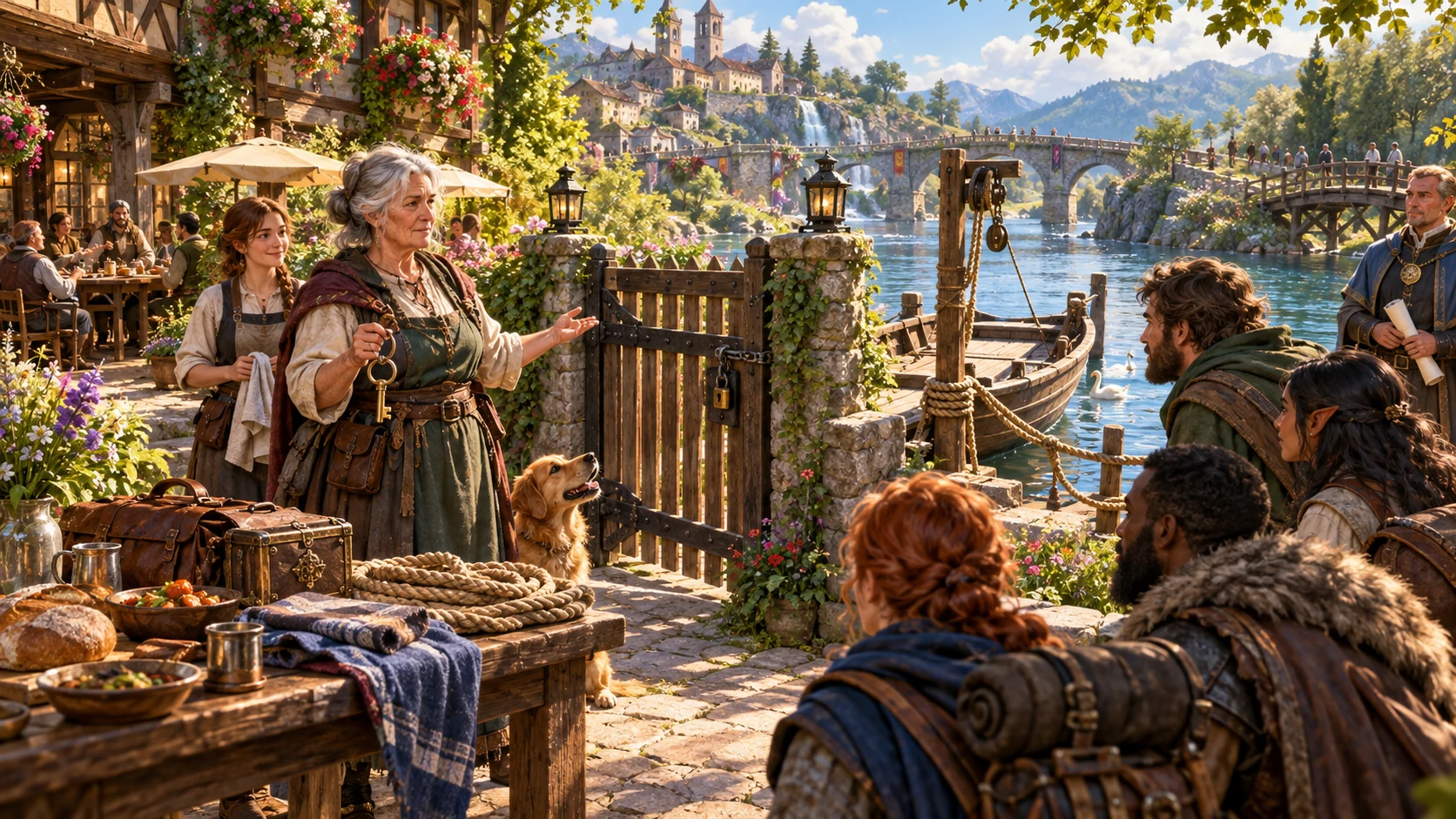 An illustrated innkeeper speaks to adventurers beside a dock gate, boat and open routes across a bright riverside town.