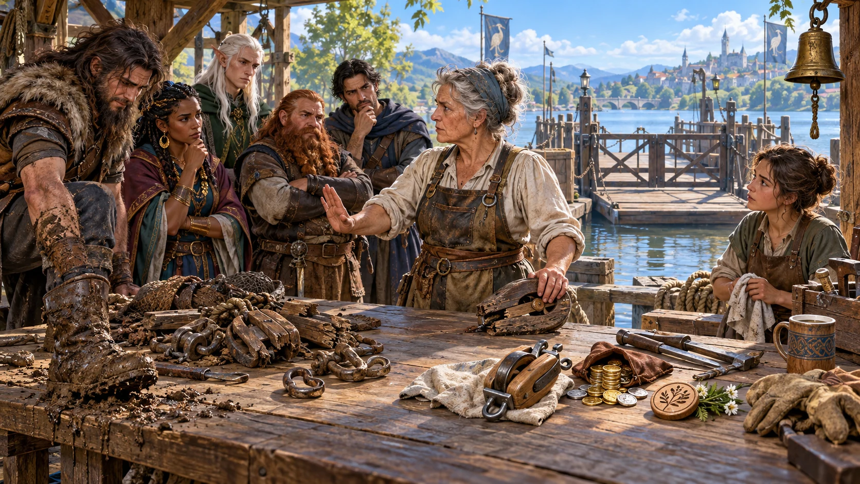 A fantasy craftsperson addresses adventurers around a harbour workbench with damaged timber, chains and tools.